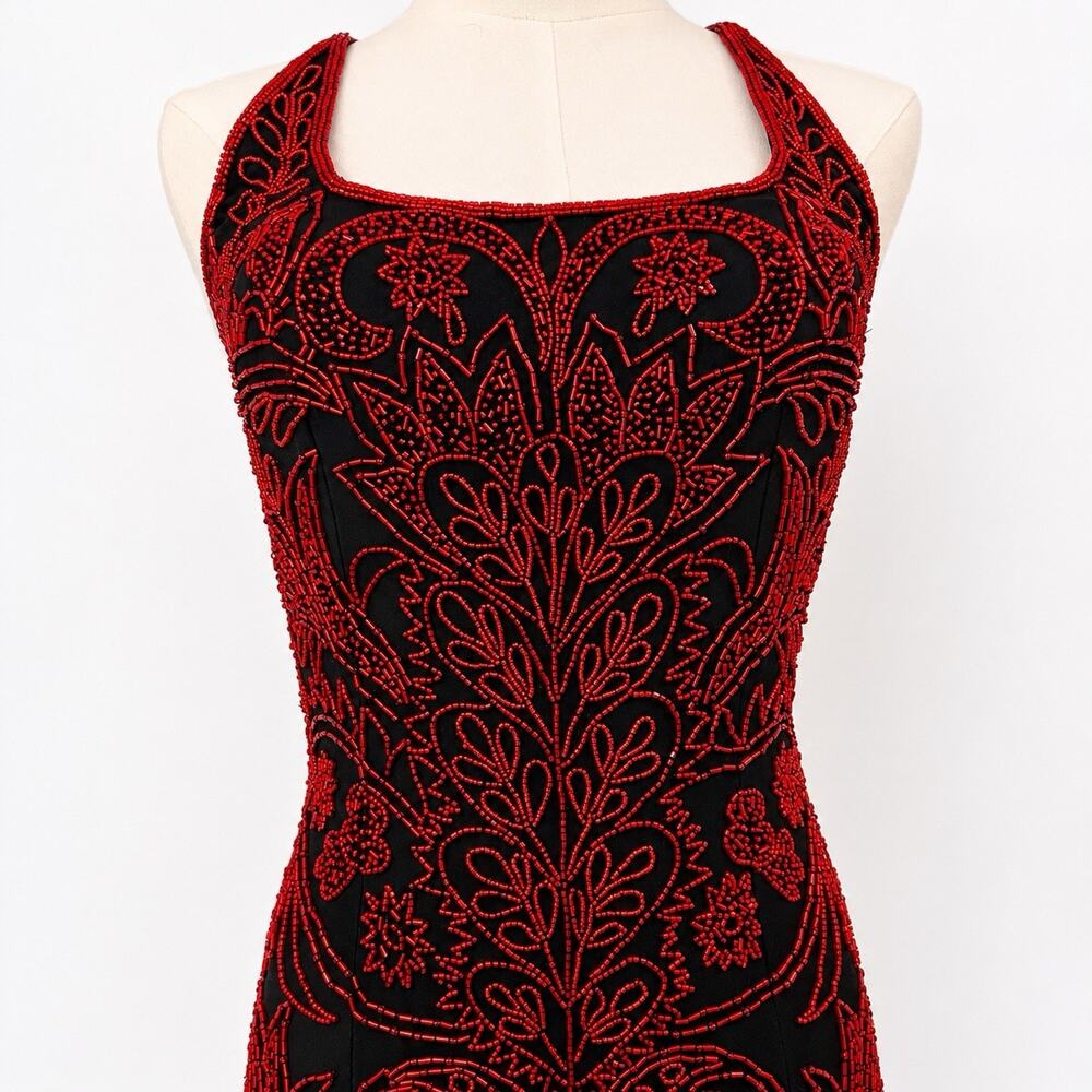 XS Cache Silk Black Red Beaded Dress Vamp Y2K Dramatic Goth Witchy Glam Luxe 90s - Picture 2 of 13
